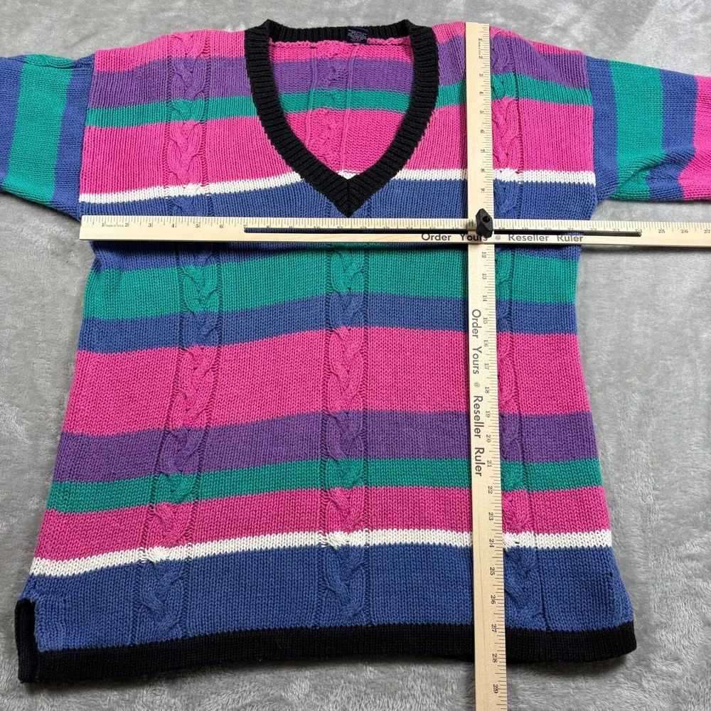 Vintage Cable Knit Sweater Women XL Pink Striped V Neck‎ Colorful 80s Cottage